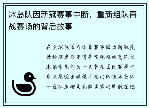 冰岛队因新冠赛事中断，重新组队再战赛场的背后故事