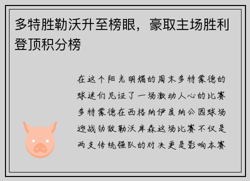 多特胜勒沃升至榜眼，豪取主场胜利登顶积分榜